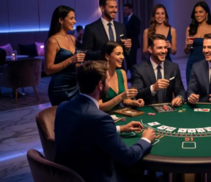 Goście bawiący się przy stole do blackjacka podczas wieczornego przyjęcia