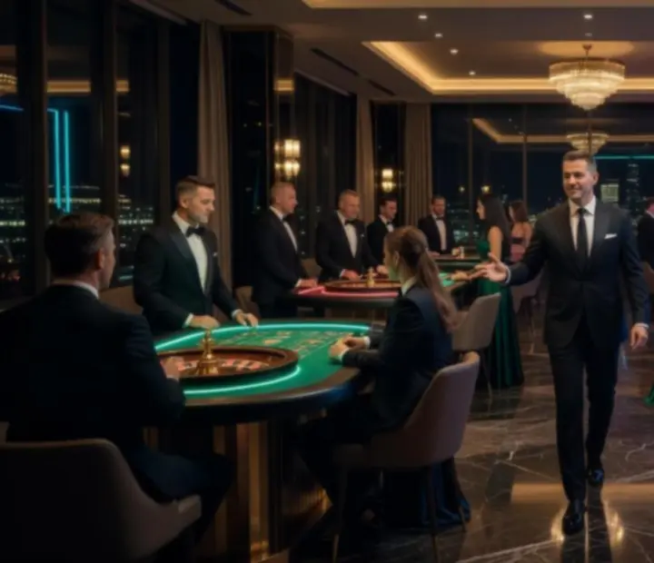 Luksusowy wieczorny event z eleganckimi stołami do gier i gośćmi