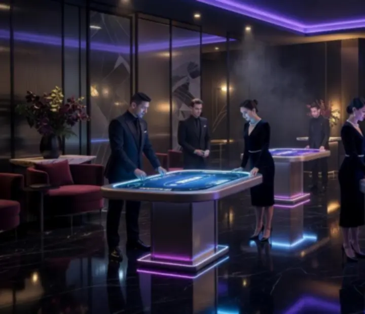 Wieczór tematyczny przy eleganckim stole do gier, oświetlony światłami w stylu nightlife.