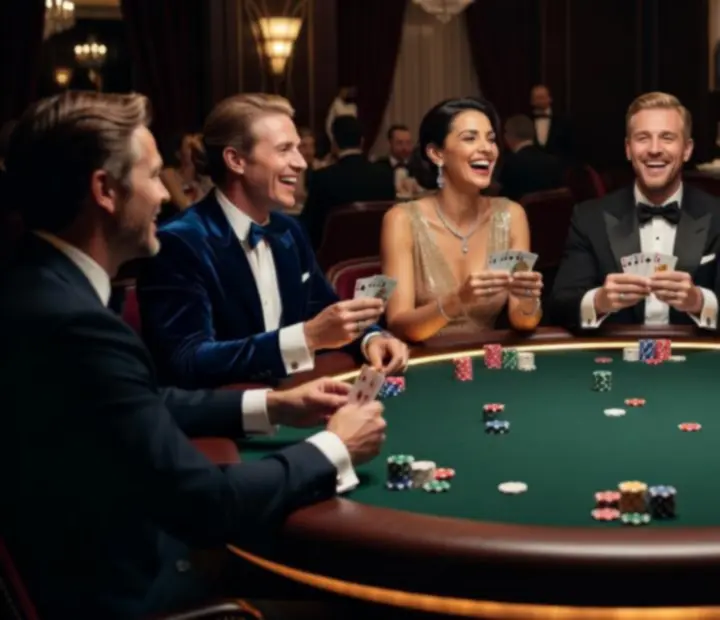 Goście bawiący się przy stole pokerowym podczas eventu