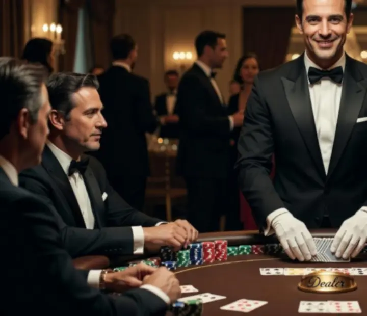 Profesjonalny prowadzący rozdający karty przy stole pokerowym