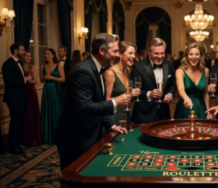 Goście bawiący się przy profesjonalnym stole ruletki podczas eleganckiego eventu