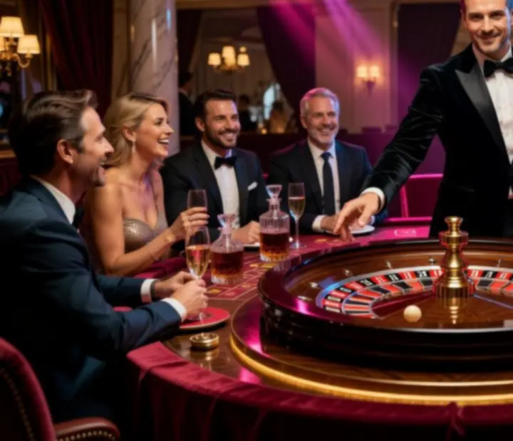 Wyjątkowy wieczór z ruletką przy stylizowanym kole w eleganckim otoczeniu.