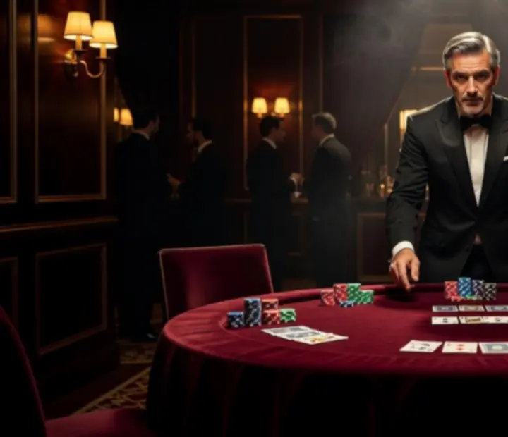 Ekskluzywny wieczór pokerowy przy profesjonalnym stole z nastrojowym oświetleniem.